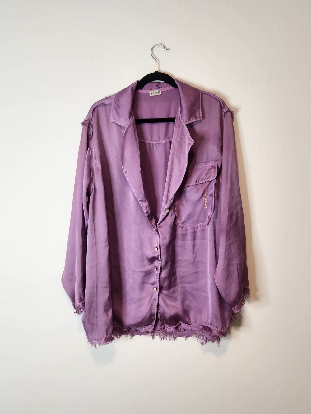 Free People Like Honey PJ Shirt Purple Oversized Satin Sleep Shirt Size Medium - Picture 3 of 10
